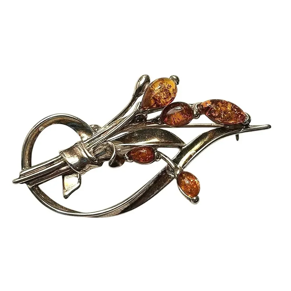 Vintage 925 Sterling Silver Baltic Amber Floral Branch Brooch Pin Signed 2.5”